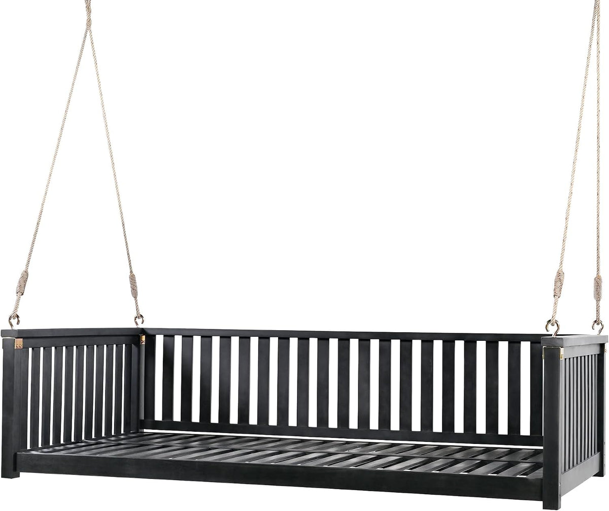 Black Wooden Porch Swing Bed with Safety Rails, 3-Seater Hanging Daybed Swing with Ropes, Outdoor Patio Bench Swing