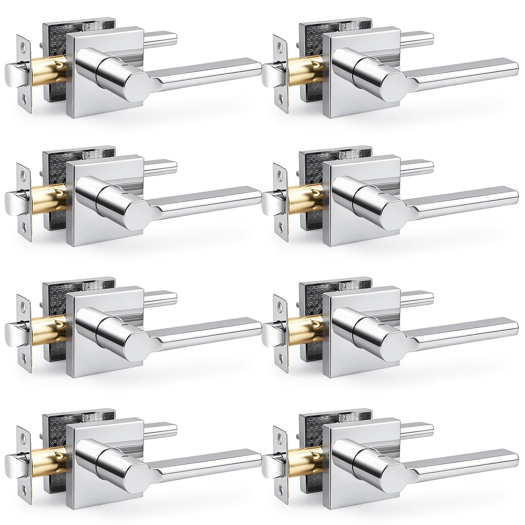 Passage Interior Door Handles, 8 Pack Polished Chrome Square Levers Without Lock, Reversible for Closet & Hallway