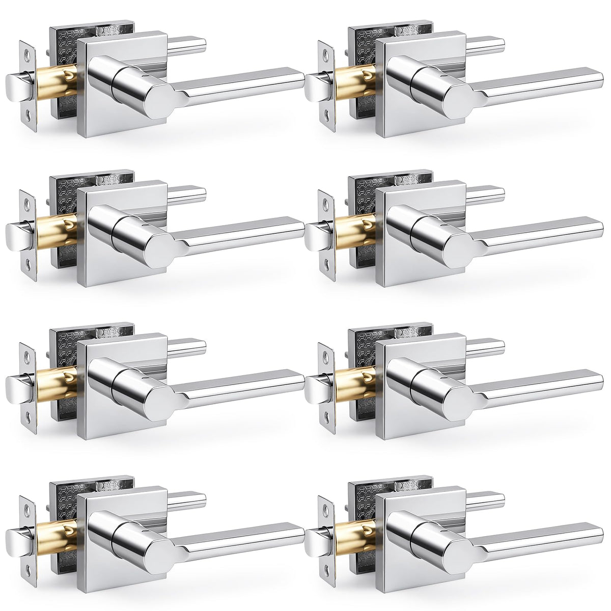 Passage Interior Door Handles, 8 Pack Polished Chrome Square Levers Without Lock, Reversible for Closet & Hallway