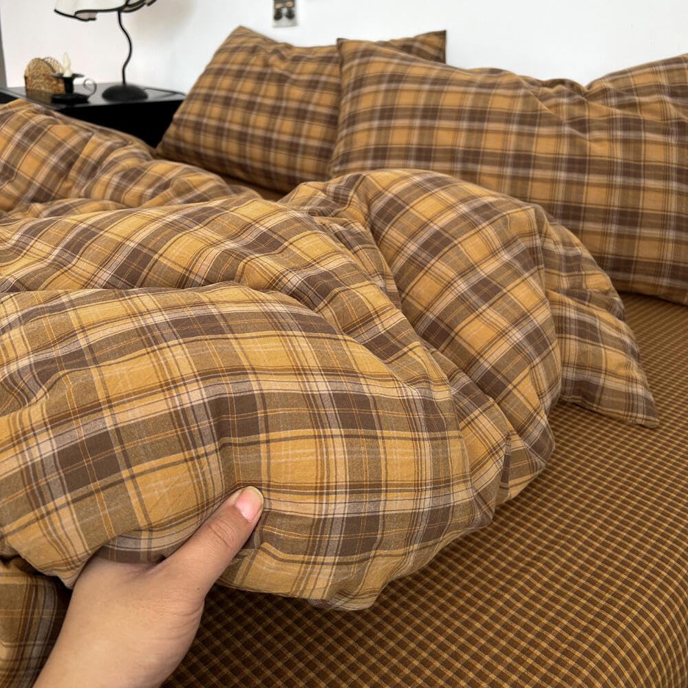 Brown Gingham Comforter Set, Tan Plaid Checked Bedding Set, Cabin Lodge Ultra Soft Lightweight Comforter, 3