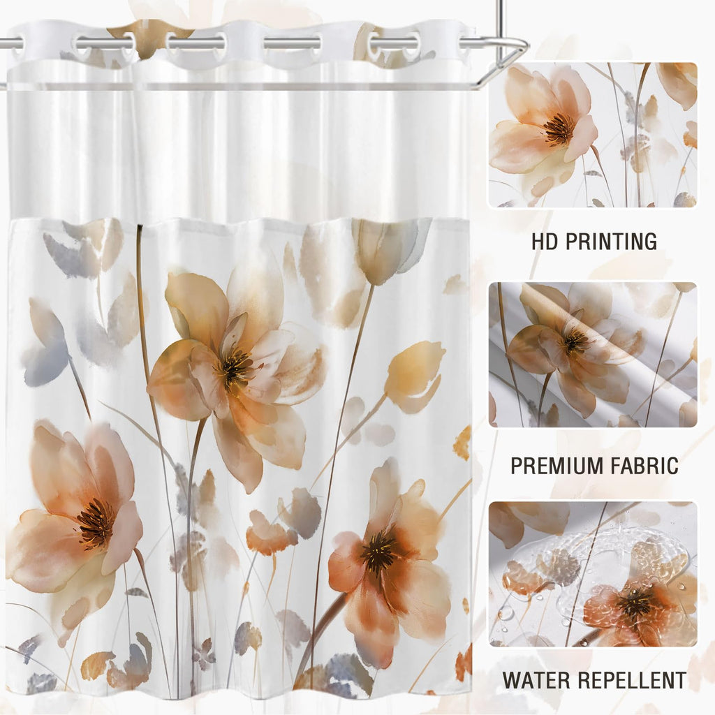 No Hook Shower Curtain and Liner Set, Orange Boho Floral 71x84