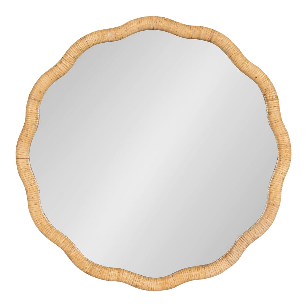 Rahfy Boho Scalloped Round Rattan Mirror; 26 Inch Diameter; Natural Wood; Decorative Round Wavy Mirror with Authentic