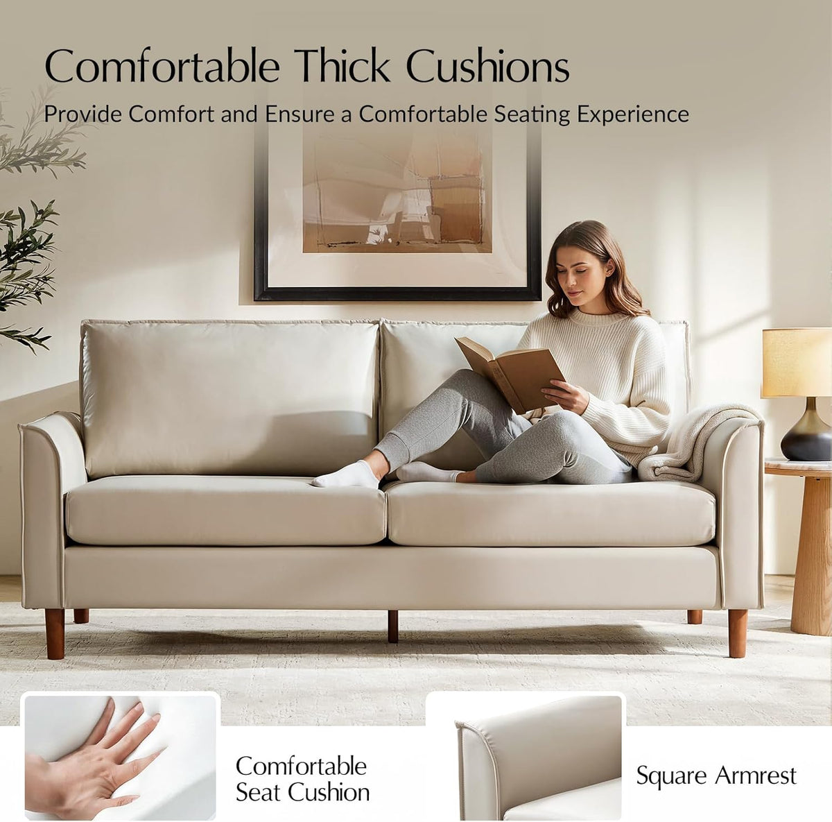 Home 78" Faux Leather Sofa with Solid Wood Legs