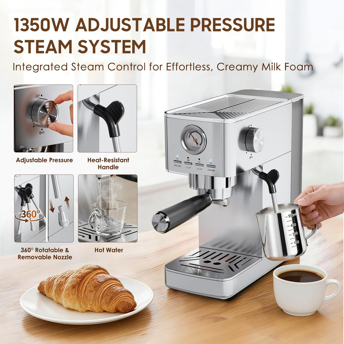 Espresso Machine 20 Bar with Milk Frorther, Stainless Steel,Silver