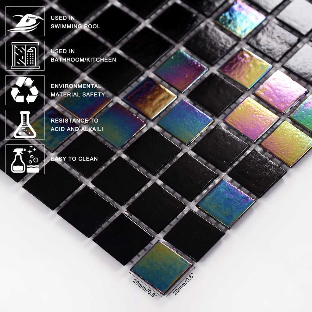 11.5 sq.ft Iridescent Black Glass Mosaic Tile for Bath, Pool, Backsplash