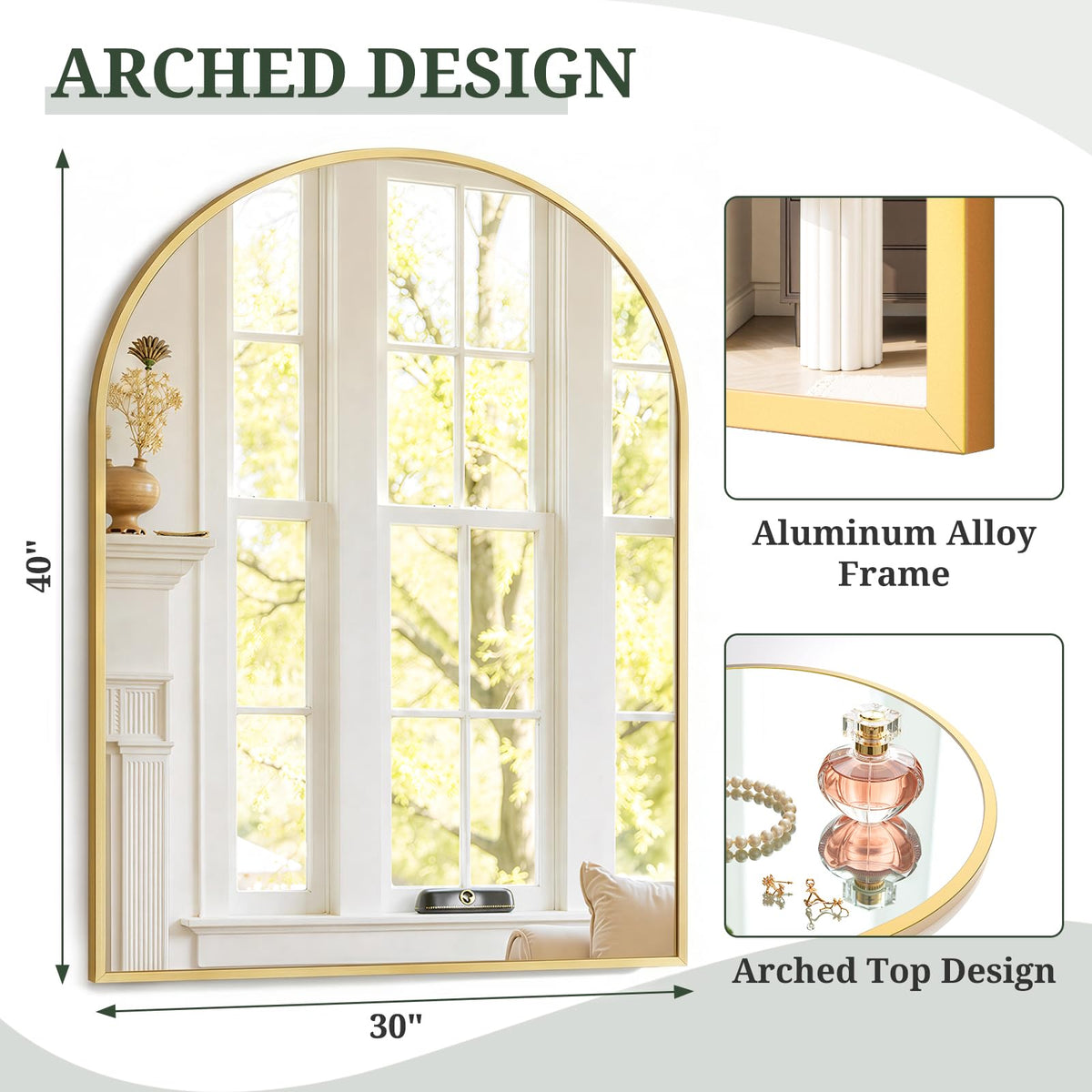 Arched Wall Mirror 40x30 Inch Gold Bathroom Vanity Mirror with Metal Frame