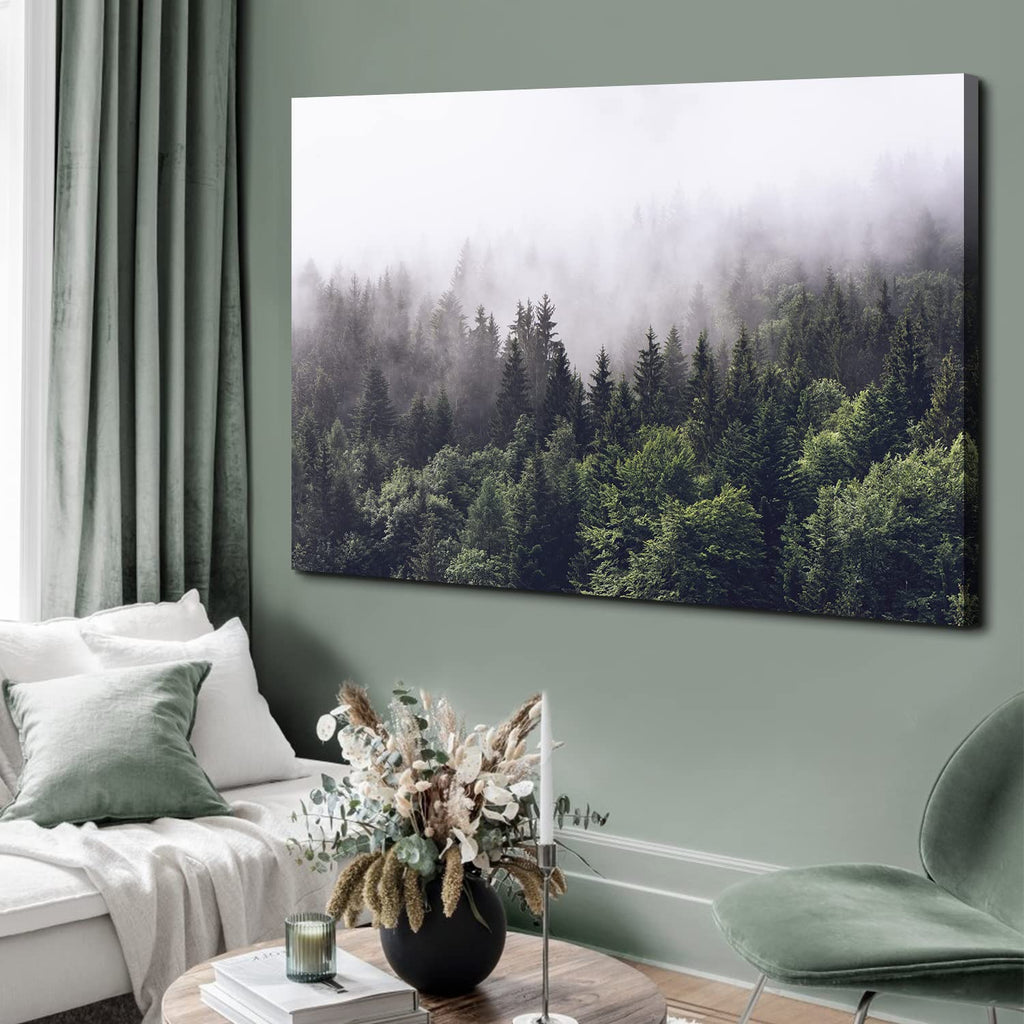 Pine Tree Canvas Wall Art Kitchen, Rustic Misty Foggy Forest Scenery Picture Wall Decor Nature Mountain Landscape