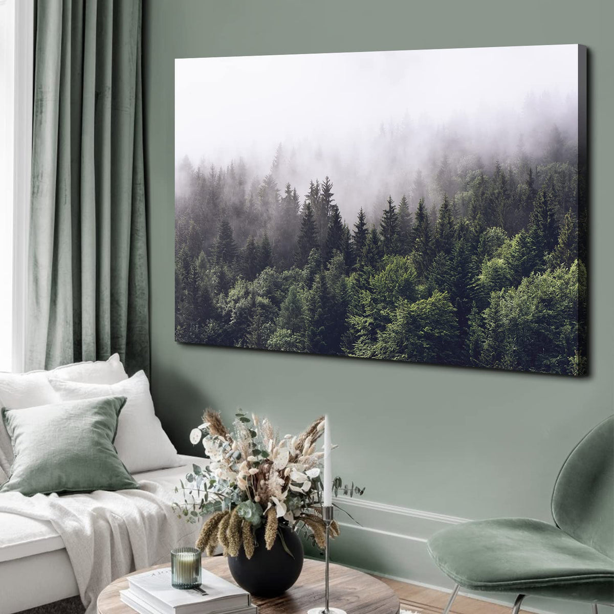 Pine Tree Canvas Wall Art Kitchen, Rustic Misty Foggy Forest Scenery Picture Wall Decor Nature Mountain Landscape
