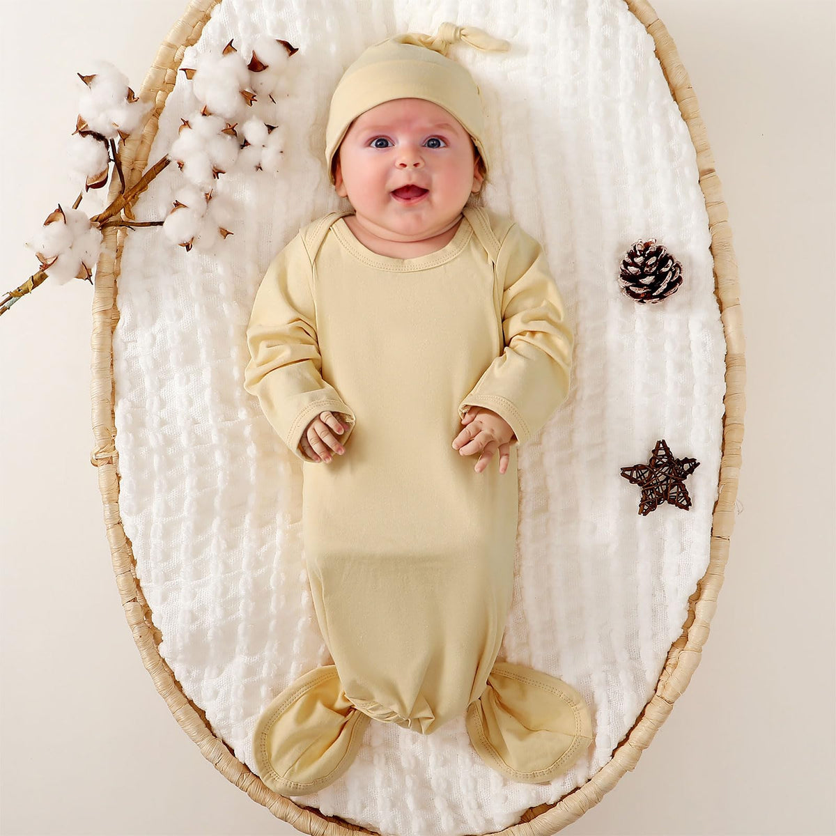 Knotted Gown Baby Girl Newborn Sleepers with Mitten Cuffs and Matching Hat - Long Sleeve Bodysuit