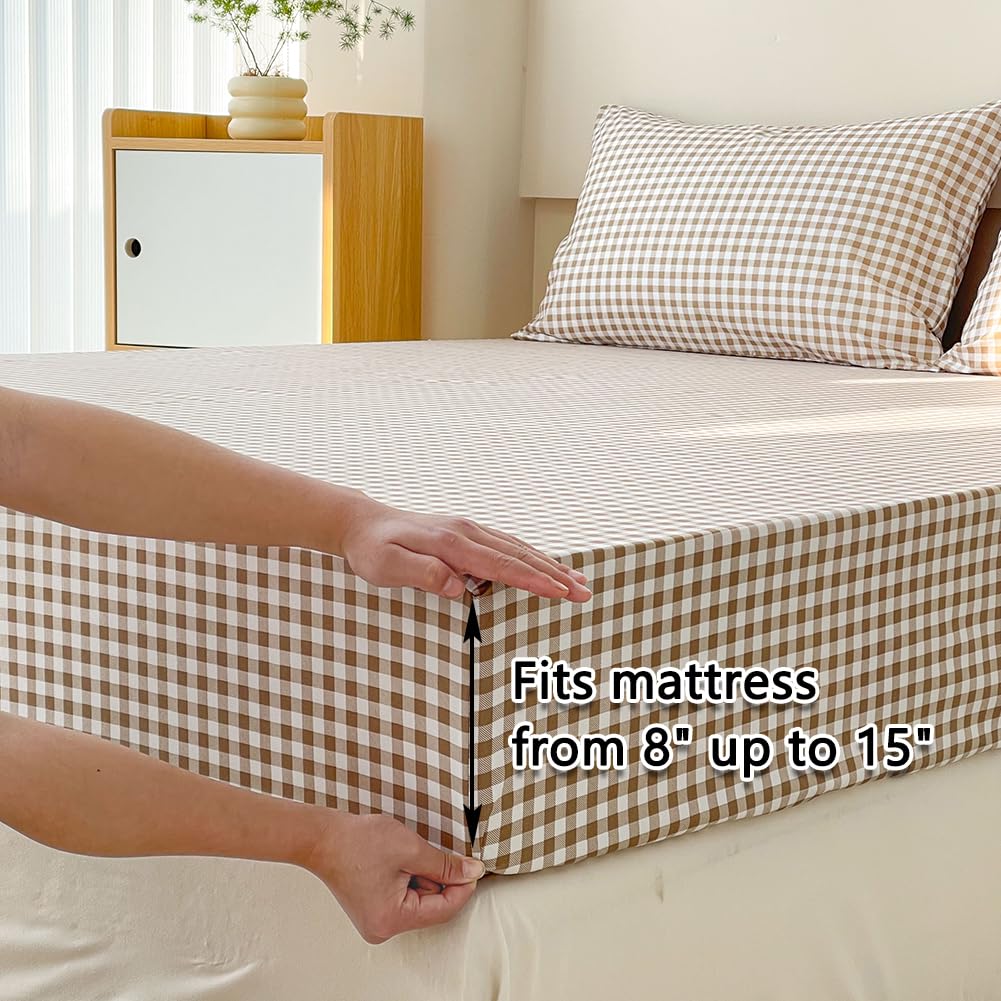 Tan Gingham King Sheet Set