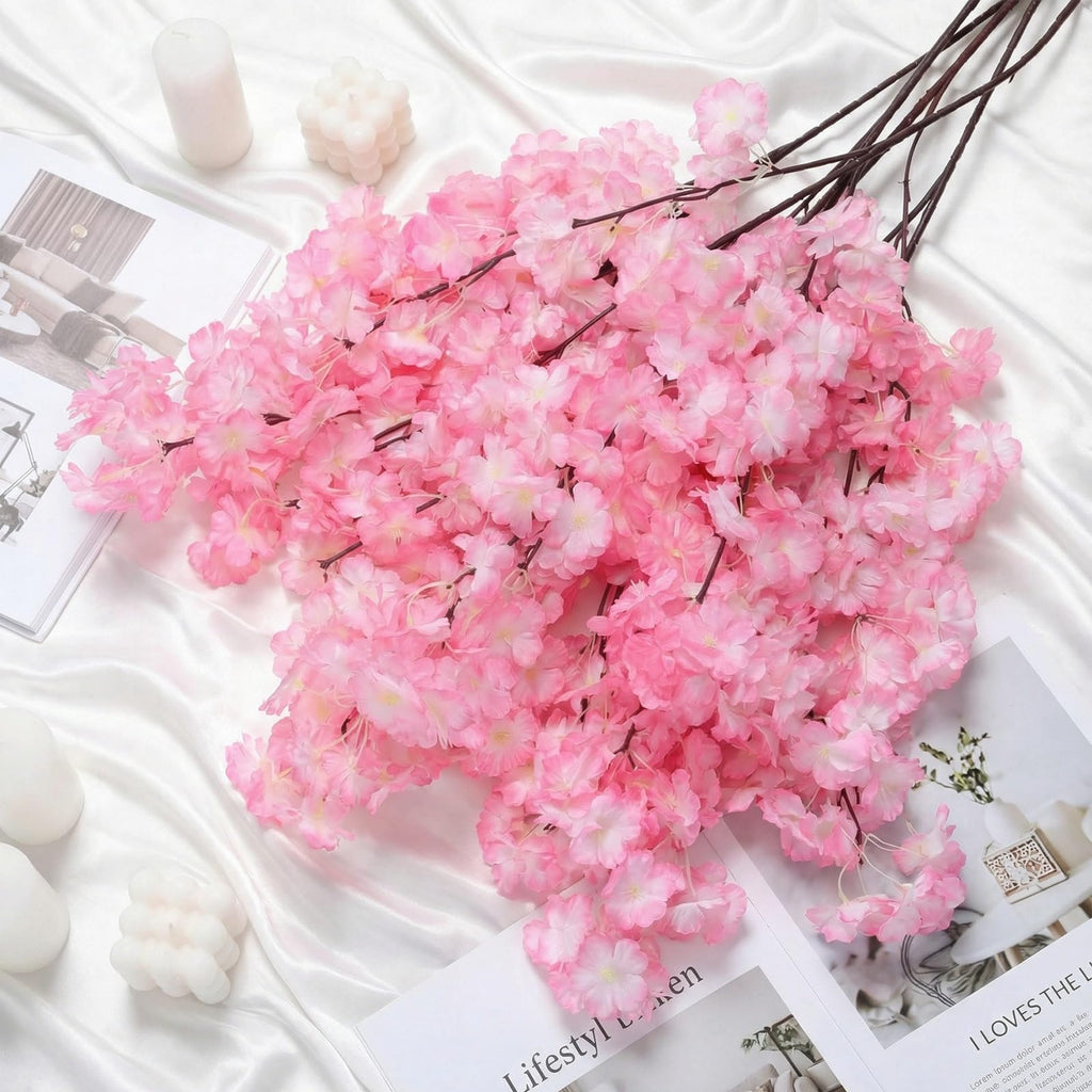 6 Pcs Artificial Cherry Blossom Branches Silk, Deep Pink, Classic