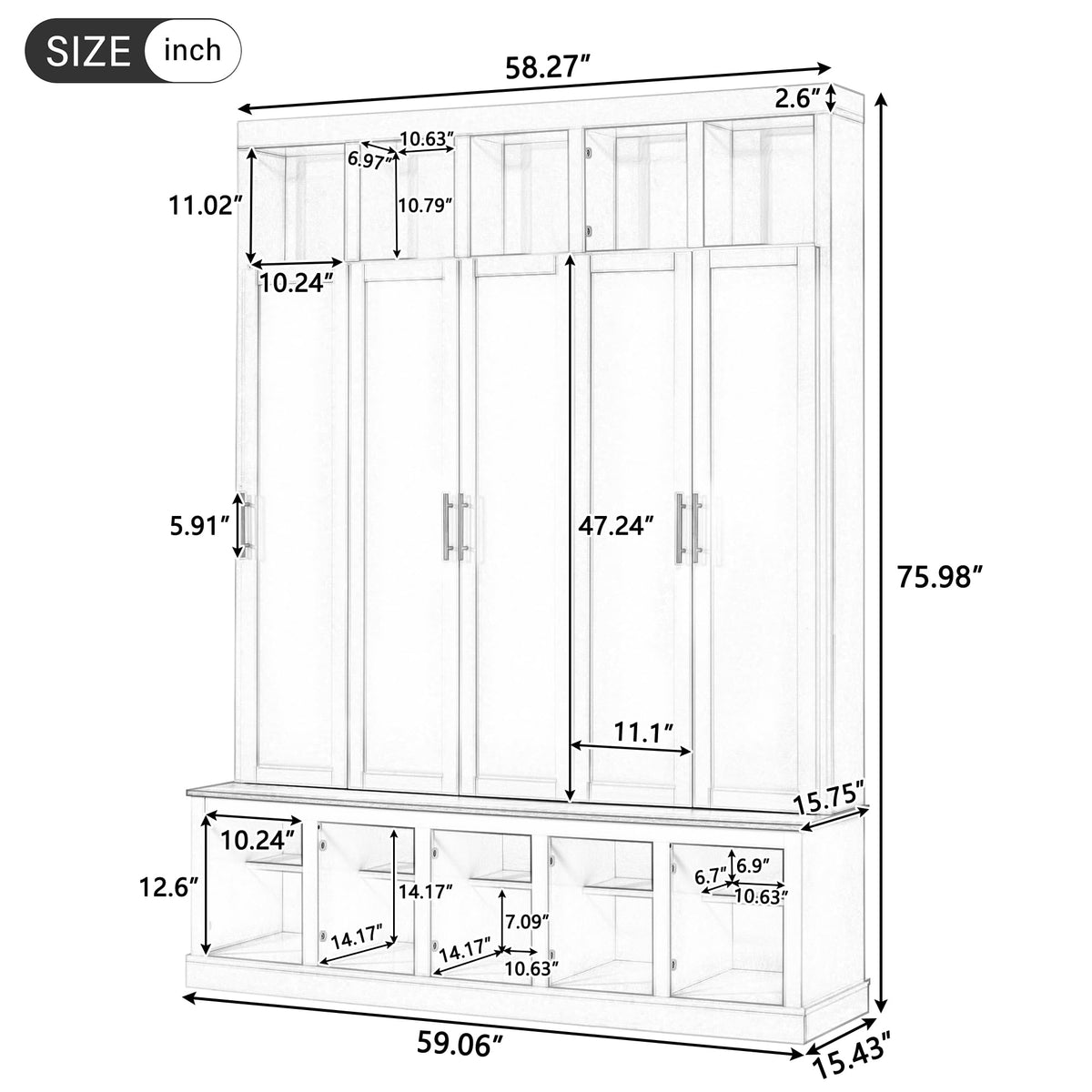 Hall Tree with Storage Cabinet, Shoe Rack and Display Cubbies