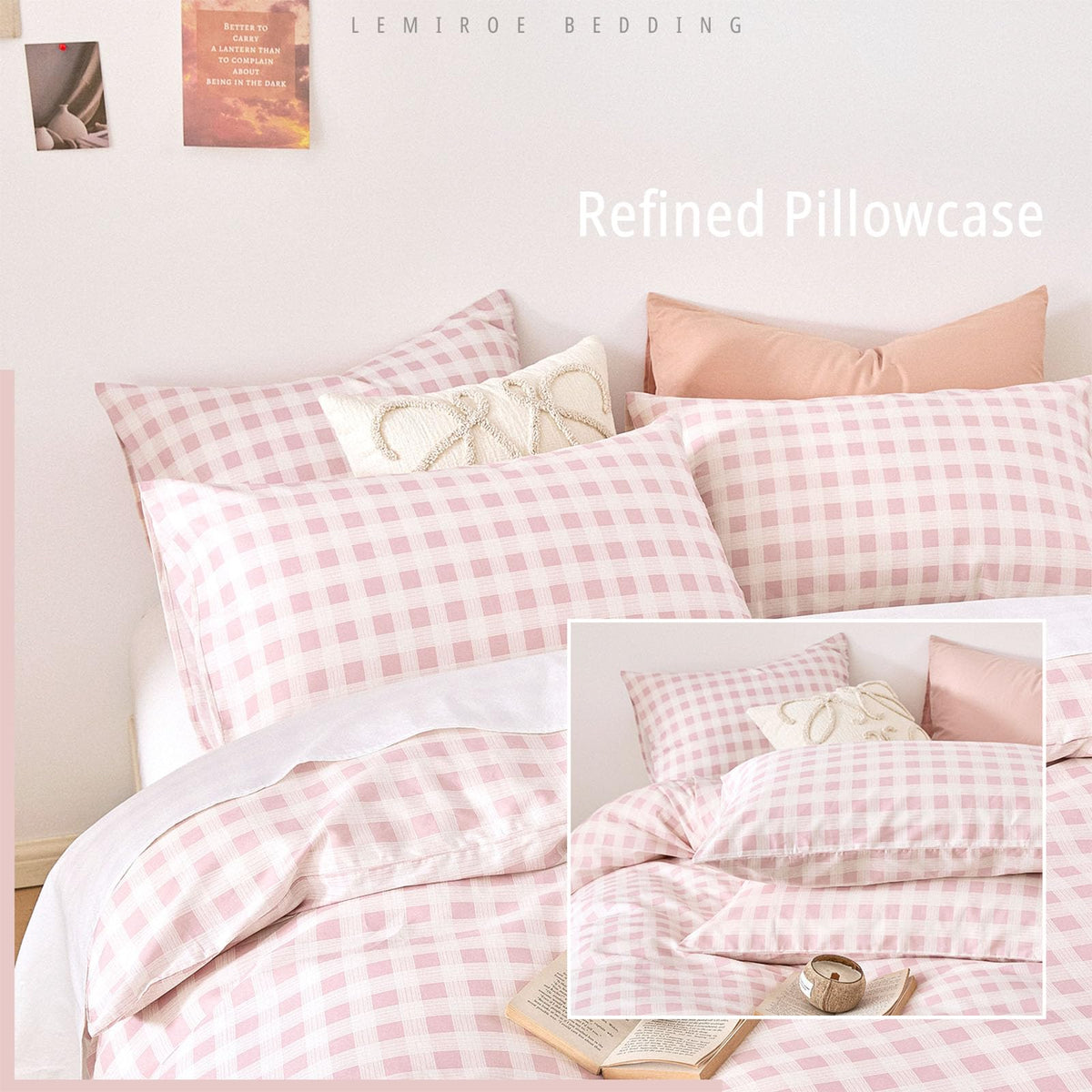 Cottage Gingham 100% Cotton Duvet Cover 3PC - Sweet Blush Pink & Soft White Mini Check Pattern, Modern