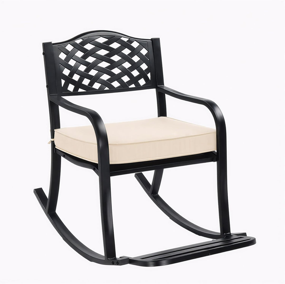Metal Rocking Chair Outdoor Patio Rocker with Thick Cushion and Footrest, Weatherproof Wrought Iron Rocking Bench for