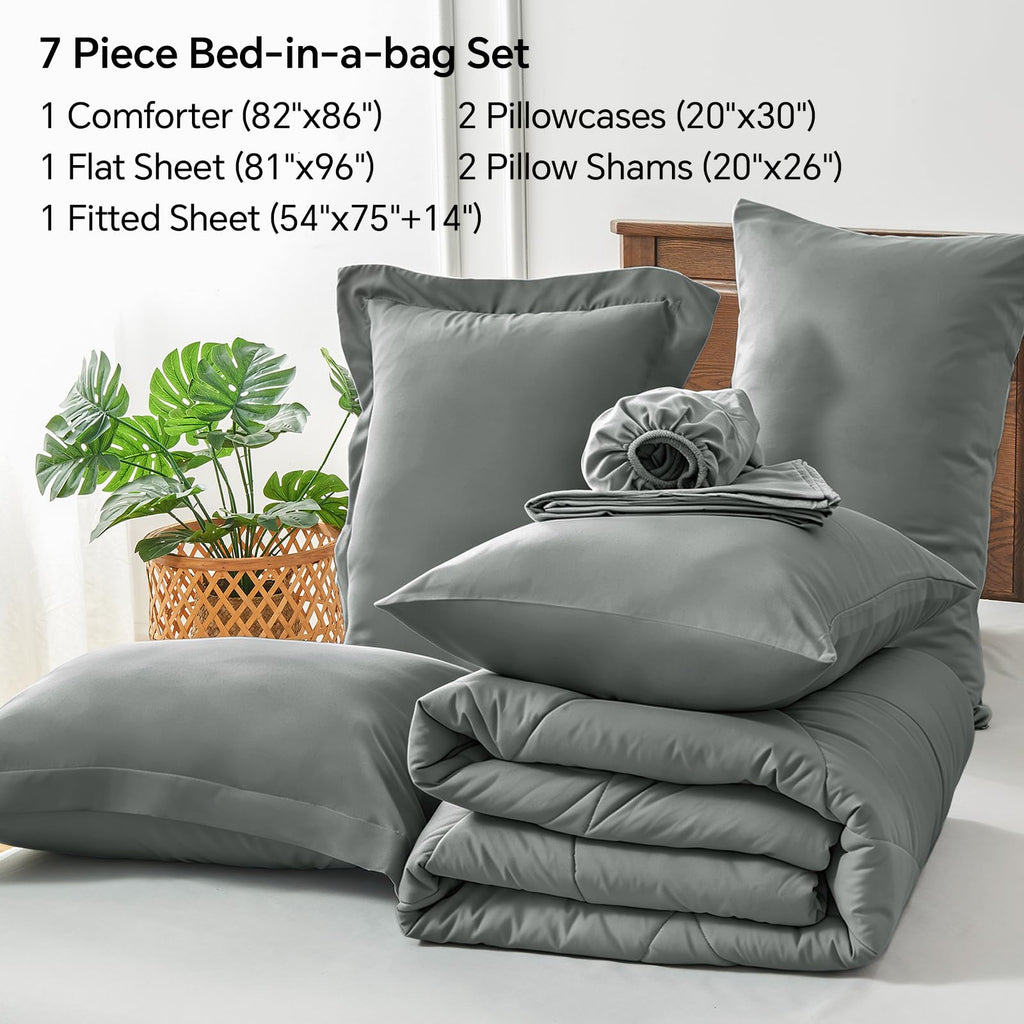 Comforter Set 7 Pieces, Solid Dark Grey Bed in A Bag