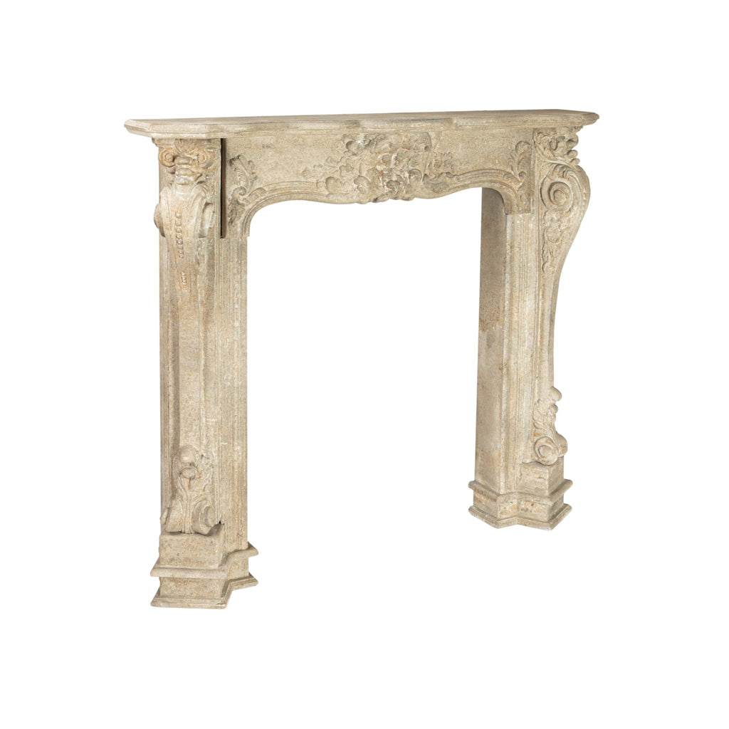 Ornate Decorative Wood Fireplace Mantel, Distressed Cream
