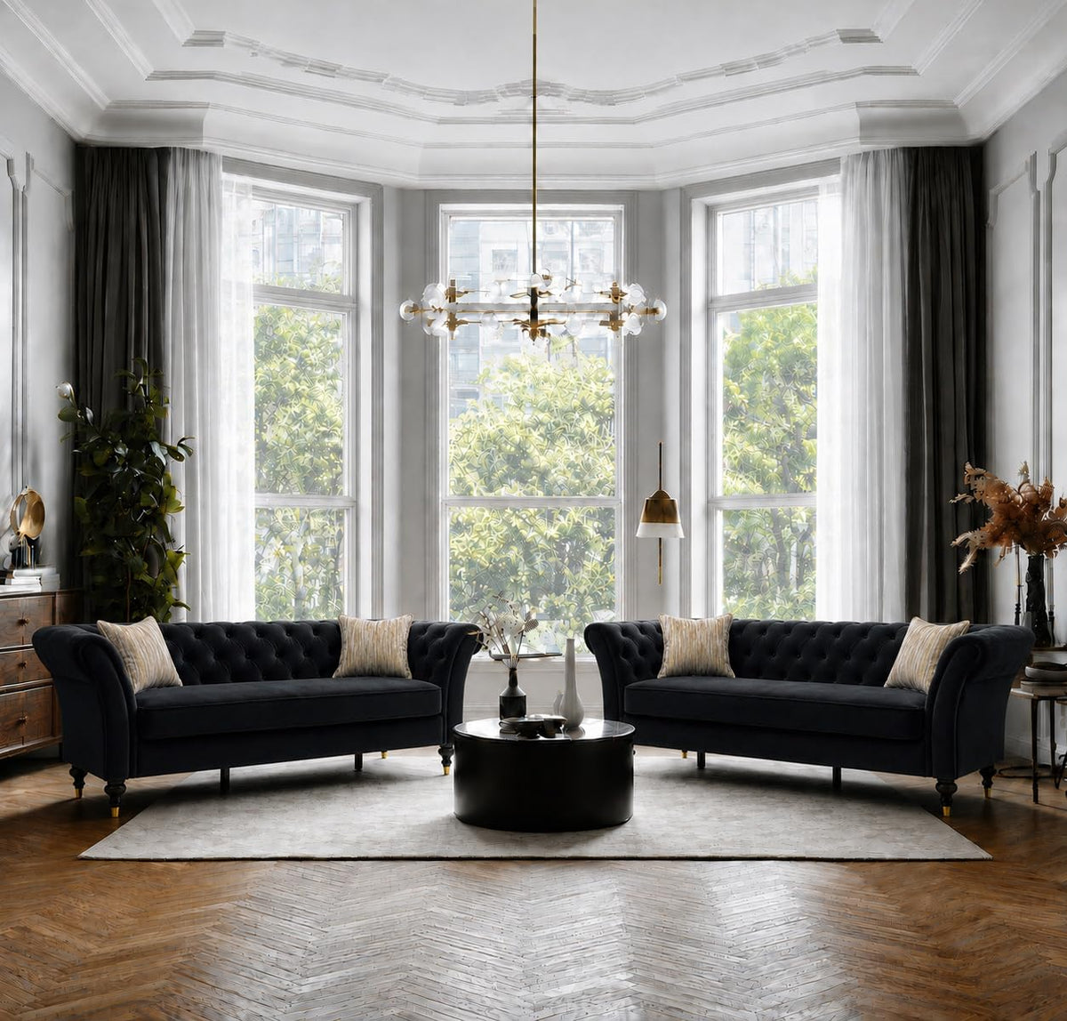 Black Chesterfield Sofa Set, 88.5" 3 Seater Couch