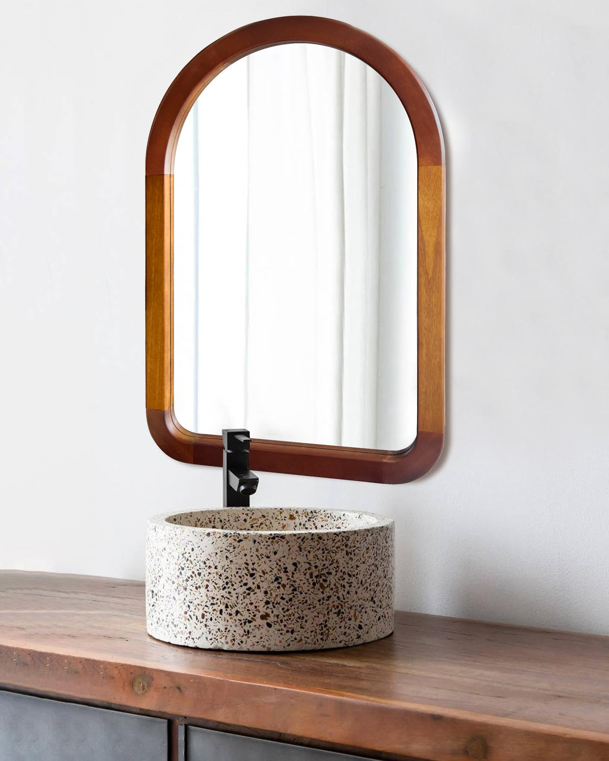 Arched Mirror 22 x 30 Inch, Brown Wood Rustic Bathroom Wall Walnut Mirror