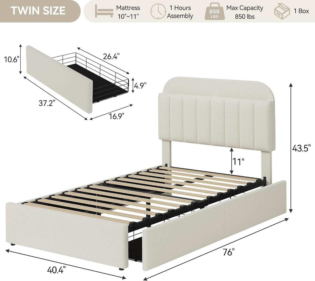 Twin Bed Frame, Platform Bed with Storage Headboard & Drawers | Boucle Upholstered Bed Frame for Kids, Bookcase
