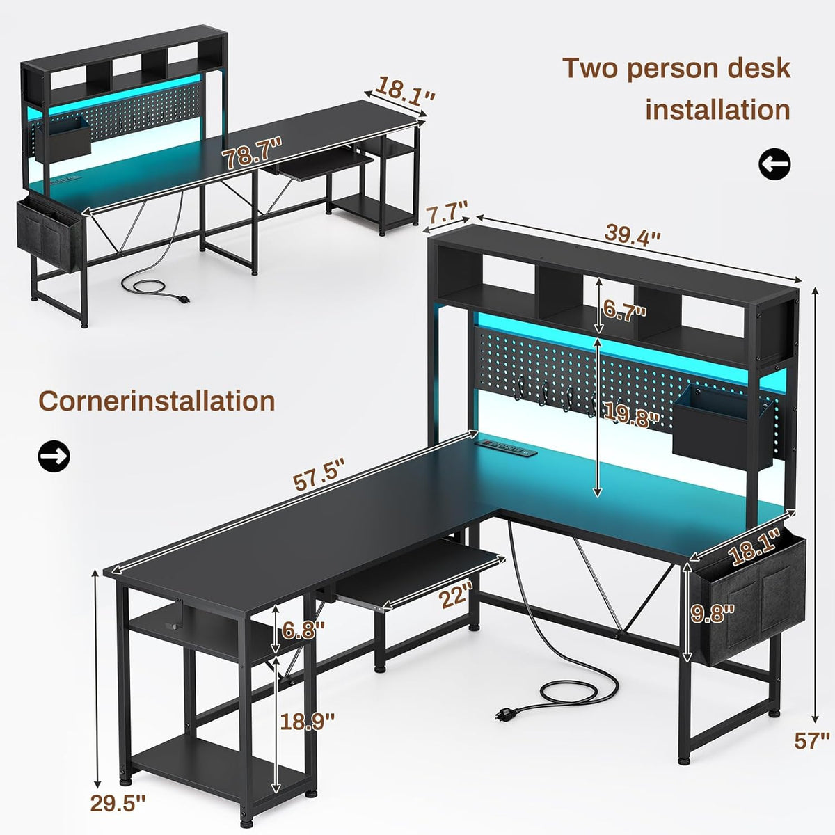 L Shaped Gaming Desk with Hutch, 57.5" Reversible Corner Computer Desk with Storage Shelves, Gaming Desk with