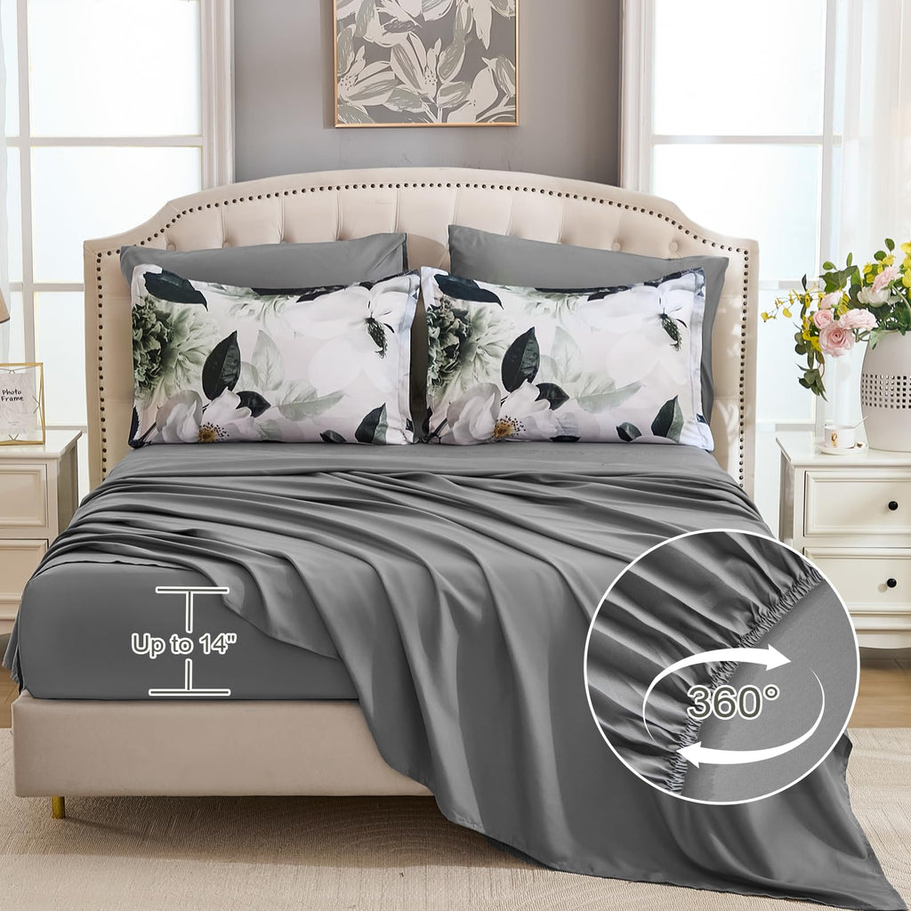 Luxury Grey Floral Comforter Set 7 Pieces