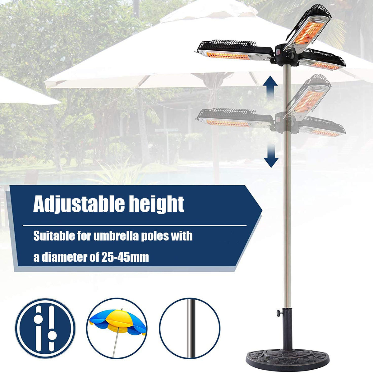 Umbrella Patio Heater, 2000W Electric Parasol Heater, Infrared Radiant Heater with 3 Heating Panels for Pergola Or