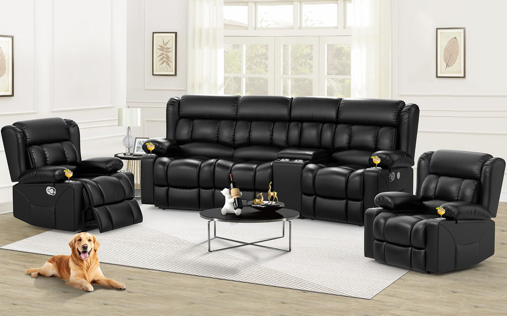Recliner Sofa Set with Storage Console, Flip Middle Backrest Design 3 Seater Reclining Sofa and 2PC Single Recliner