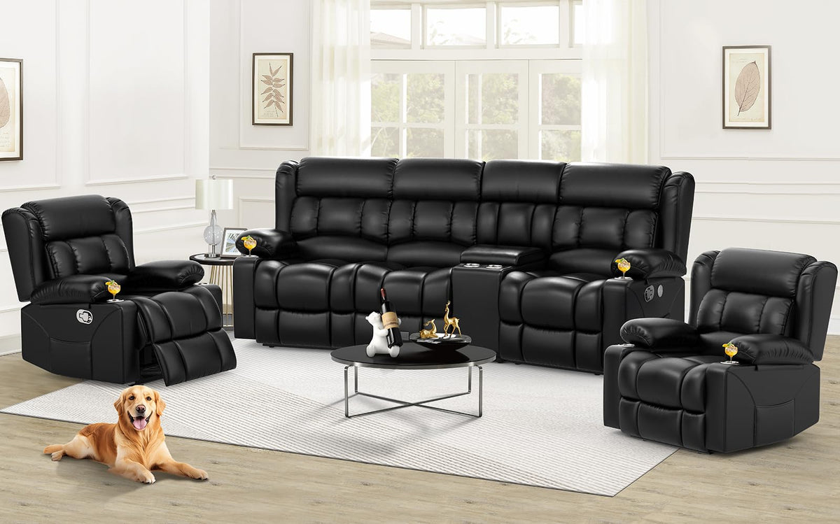 Recliner Sofa Set with Storage Console, Flip Middle Backrest Design 3 Seater Reclining Sofa and 2PC Single Recliner