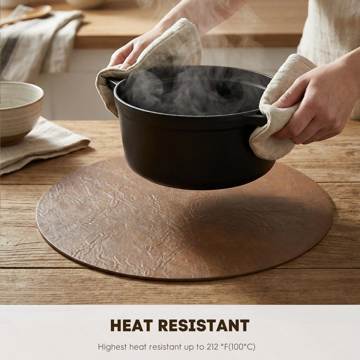 Brown Faux Leather Placemats Set of 6, 15 Inch Waterproof Wipeable Heat Resistant Vinyl Place Mats, Reversible Table