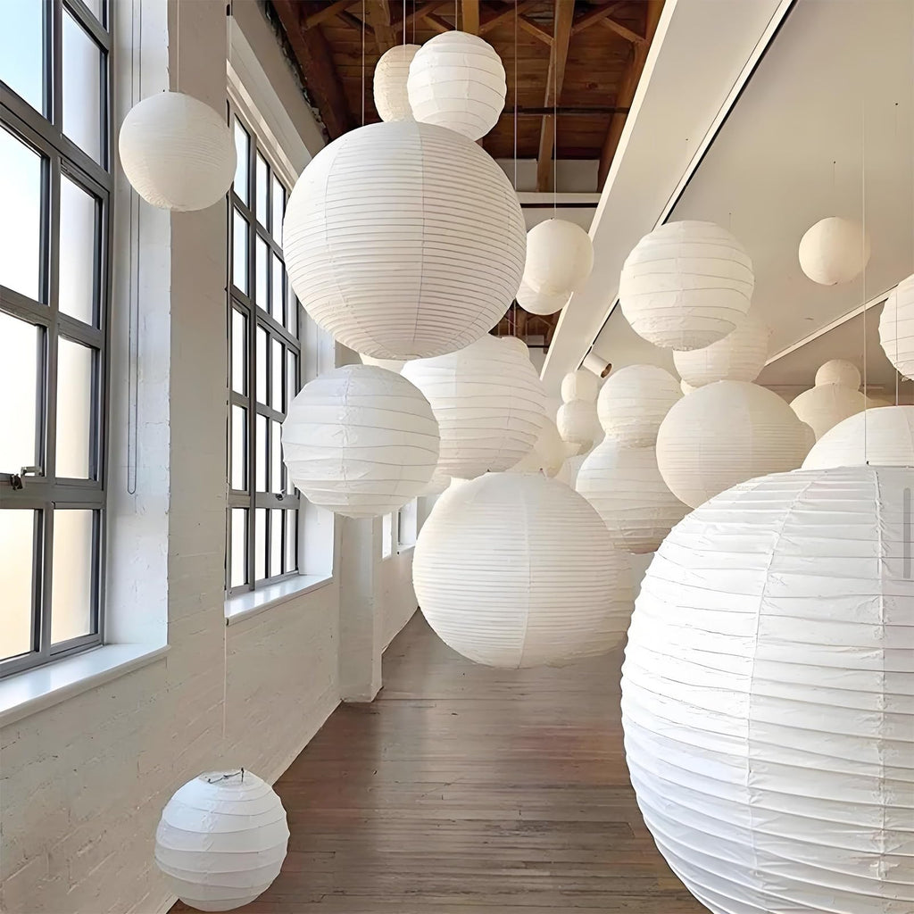 Inspired Noguchi Style 12 Inch Round Plug in Hanging Paper Lantern Lights with Cord, 2 Pack