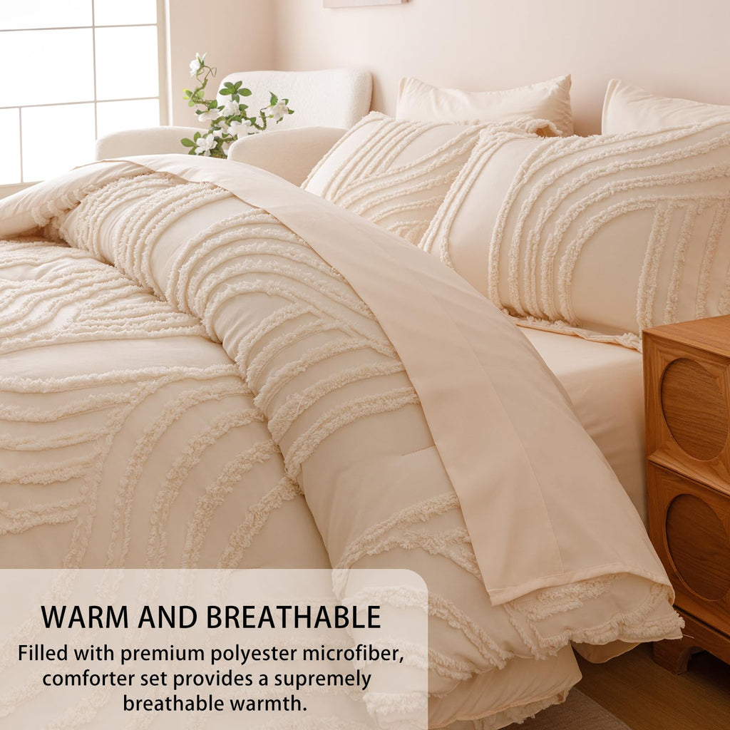 Beige Comforter Set - 7 Pieces Bed in a Bag, Premium Comforters Bed Set Tufted Shabby Chic Bedding