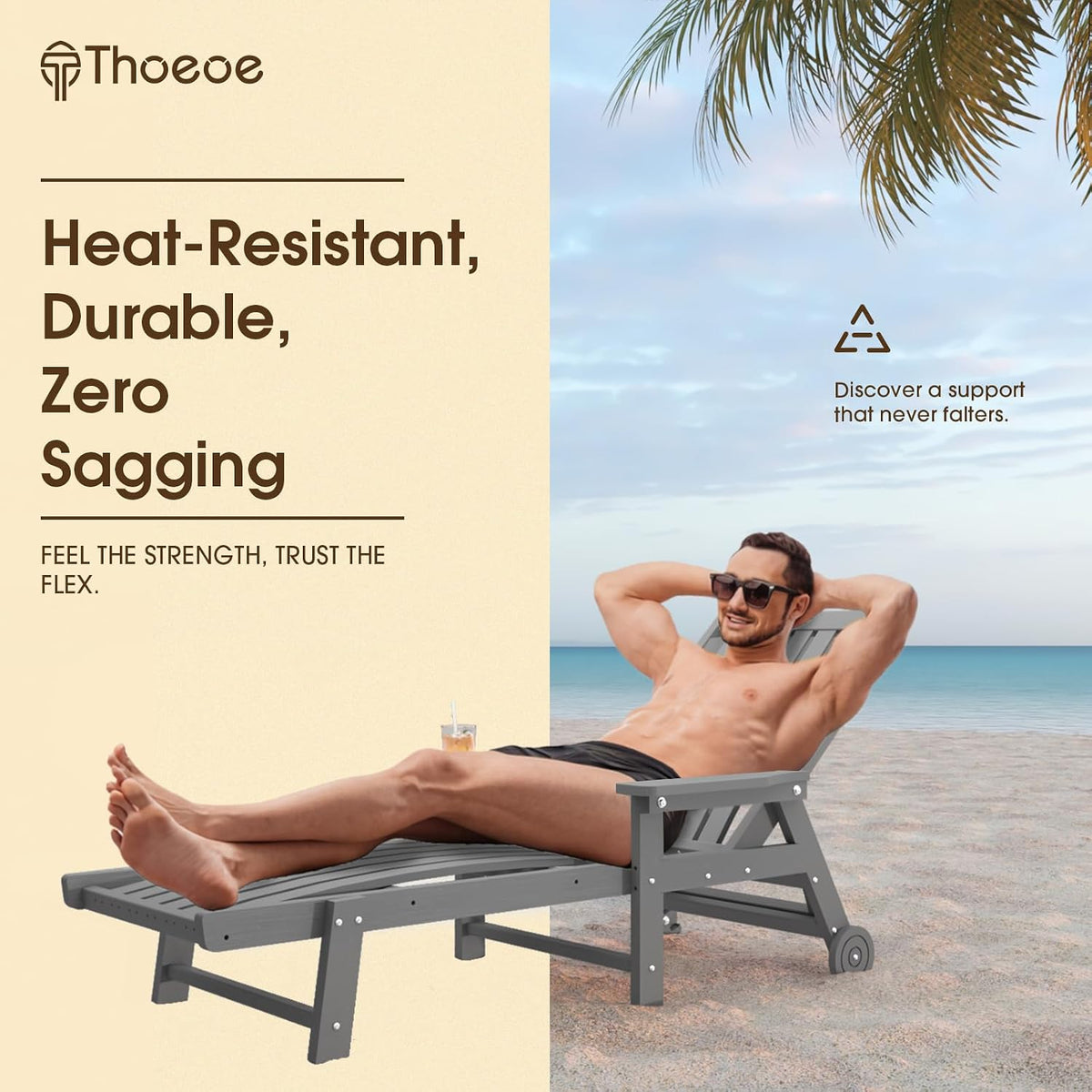 Outdoor Chaise Lounge Chair Set of 2,HDPE lounge chair outdoor with Wheels | Oversized pool lounge chairs with cup