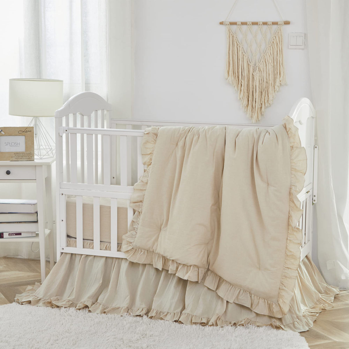 Boho Bohemian Girl Baby Nursery Crib Bed Skirt Dust Ruffle - Neutral Solid Color Beige Farmhouse Chic 100% Washed