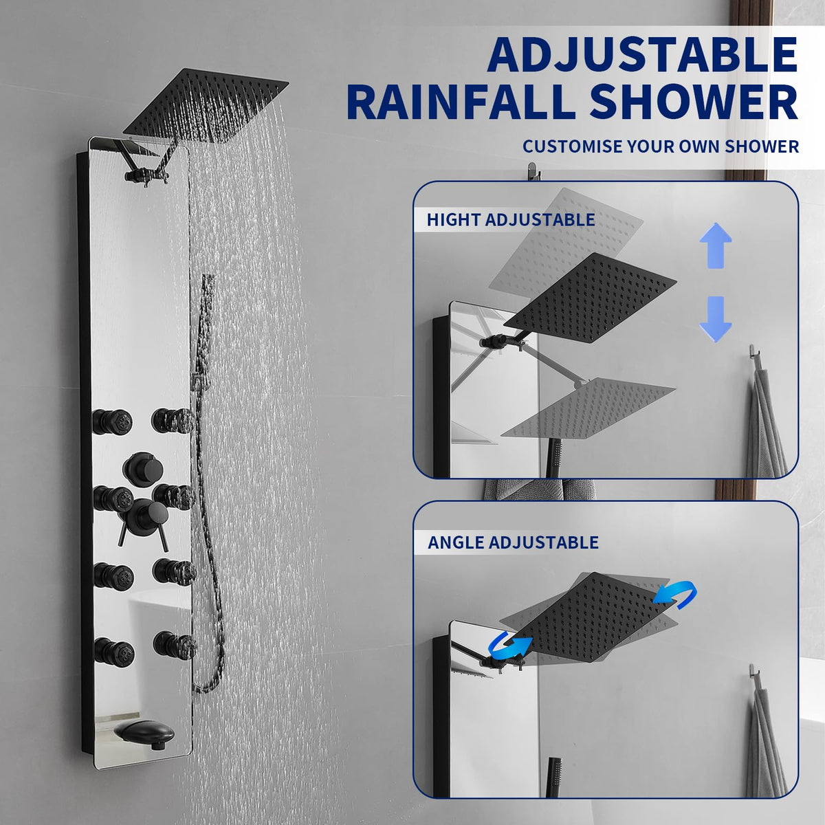 Stainless Steel Shower Panel Tower System Black Split Type