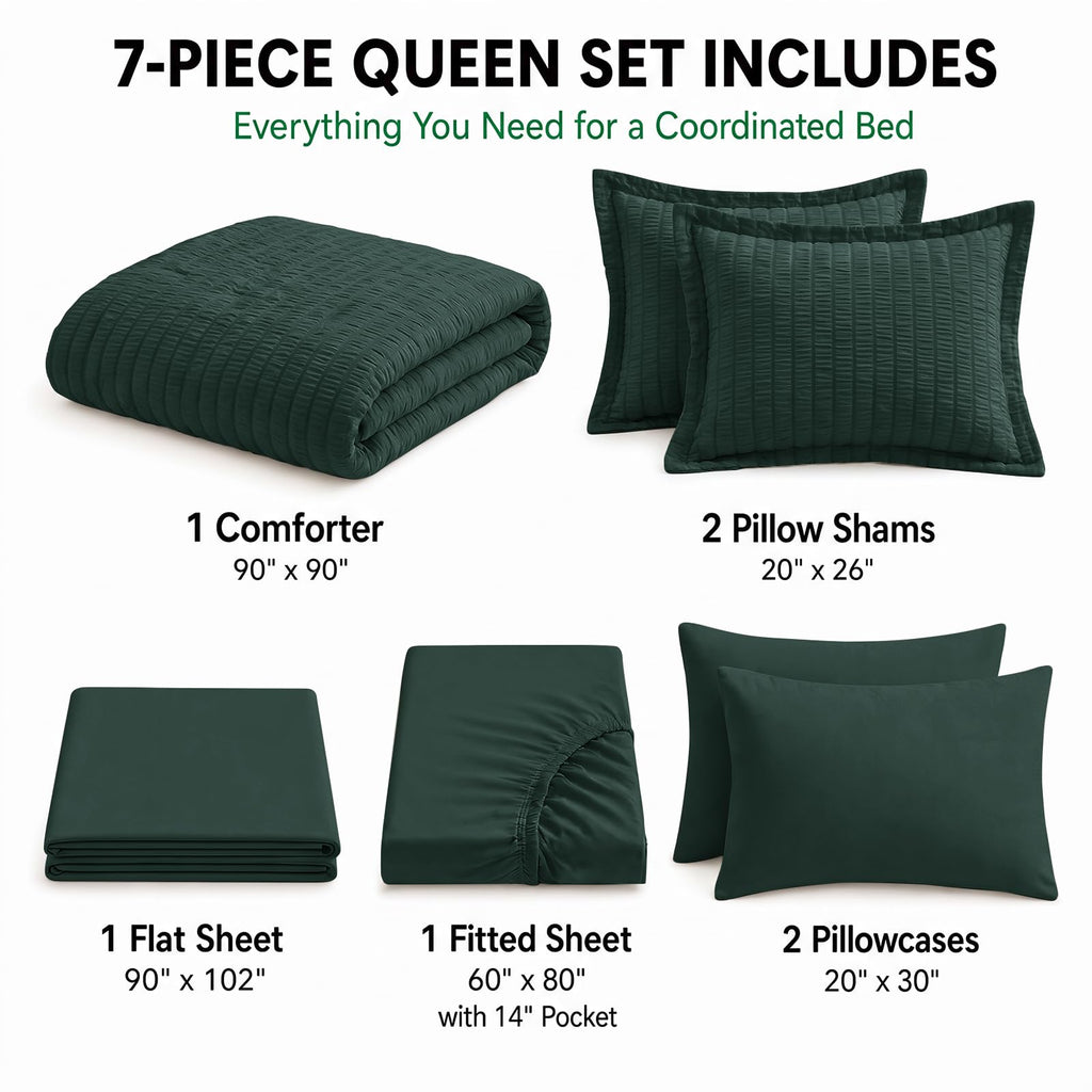 Comforter Set, 7-Piece Seersucker Bed in a Bag, Forest Green