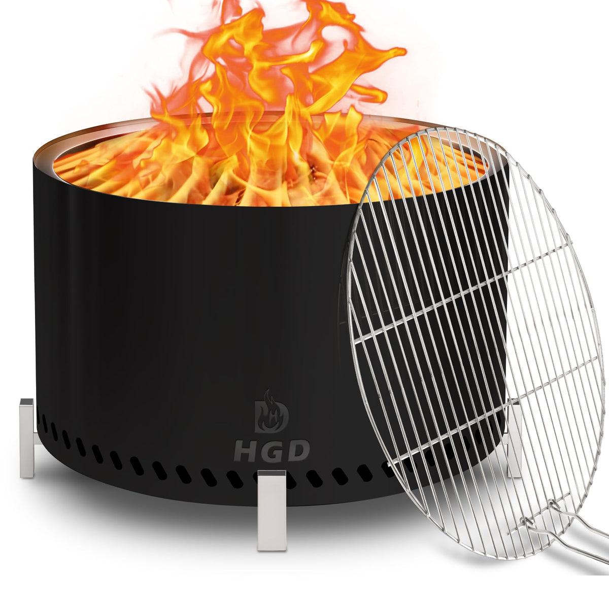 28" Smokeless Firepit with Stand & Grill Rack, Large Stainless Steel Wood Burning Fire Pit for Gatherings, Secondary