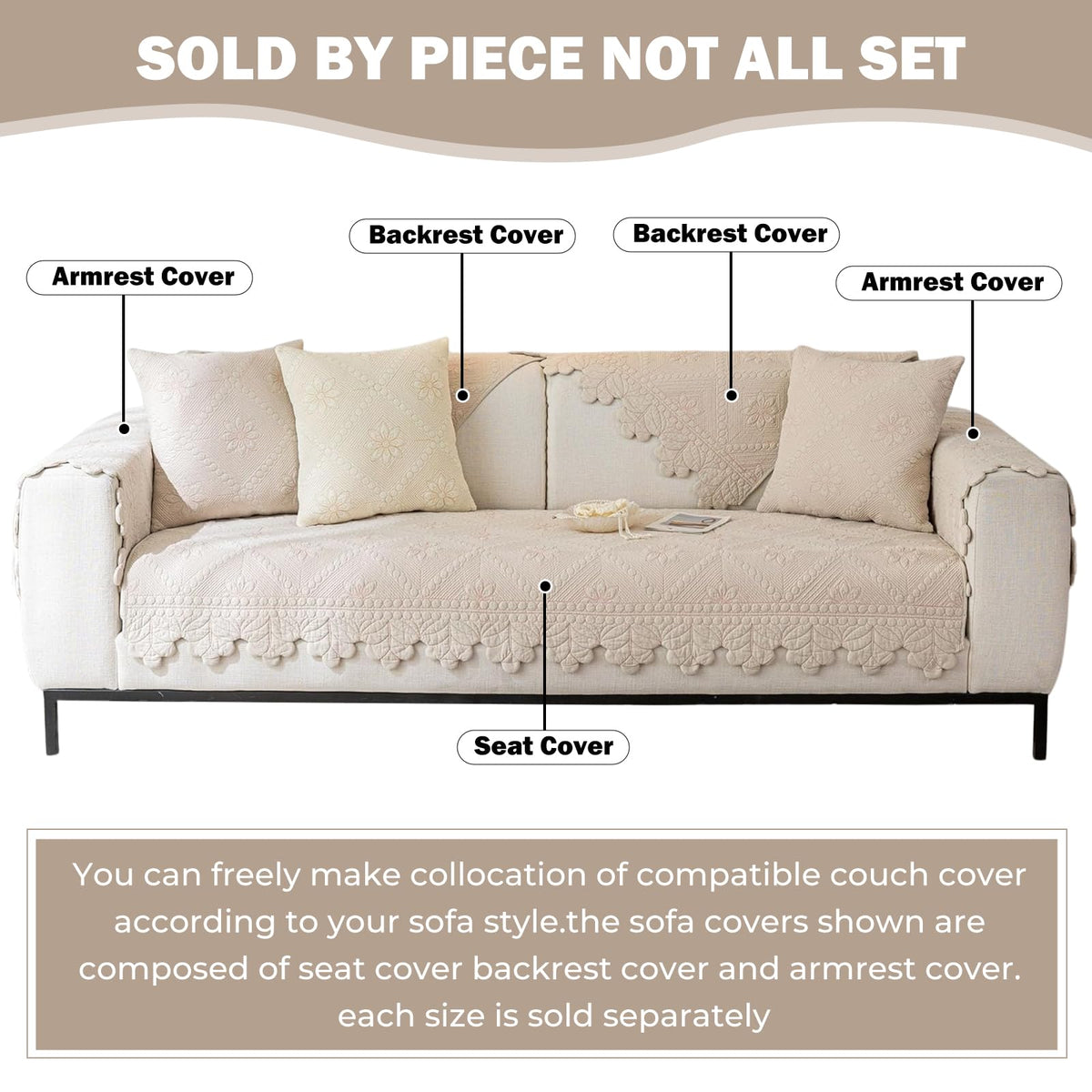 Quilted Couch Covers for Sofa Farmhouse Sofa Covers(Khaki, 28"x28")