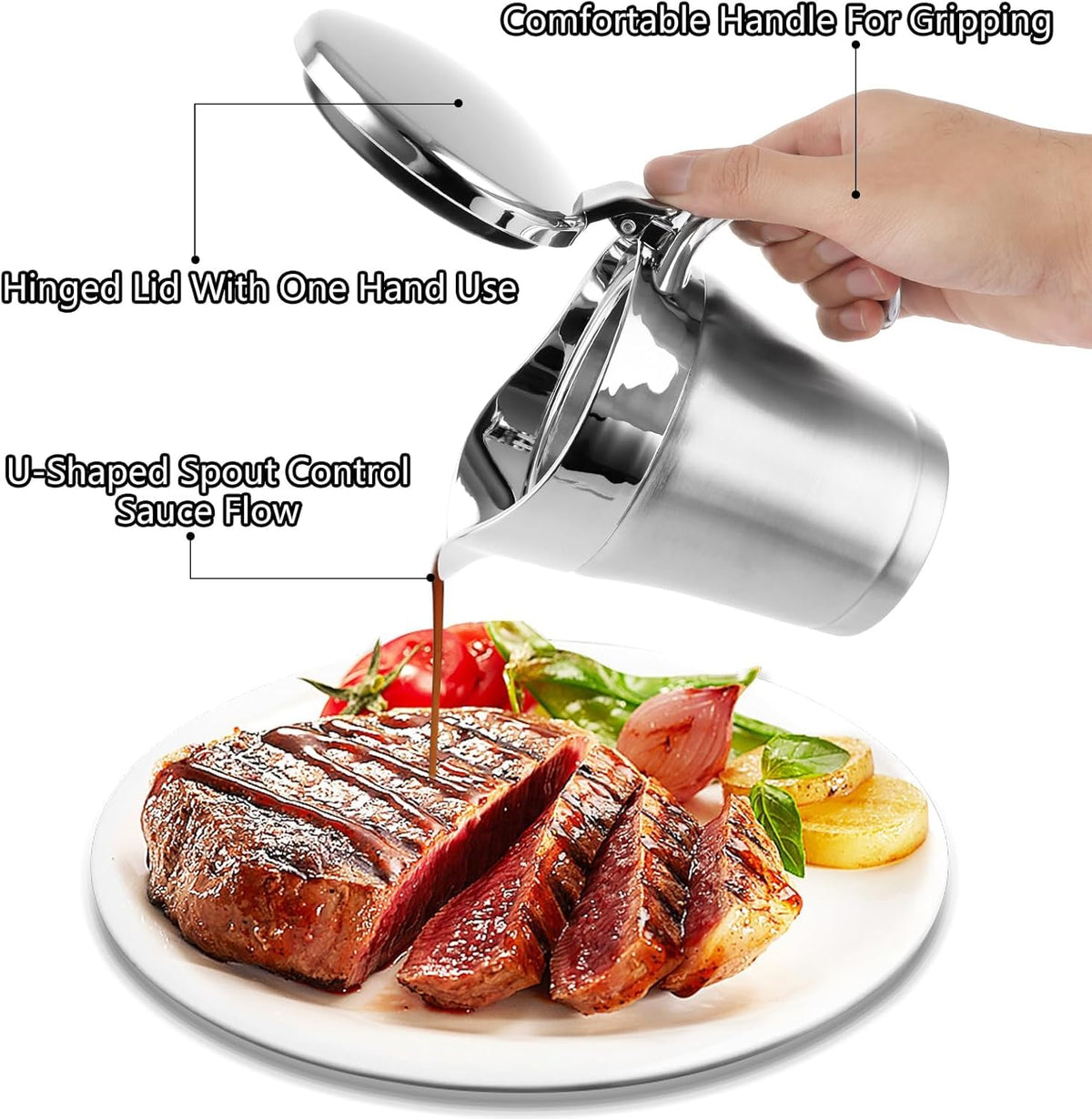 Stainless-Steel Double Insulated Gravy Boat - Sauce Jug with Hinged Lid, Ideal for Gravy or Cream at Thanksgiving