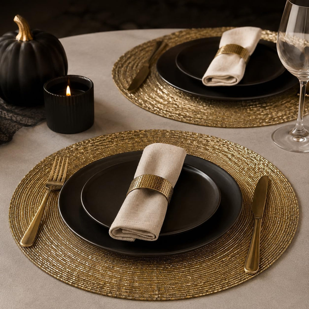 Beaded Round placemate Gold Tonal Charger Placemats, Set of 4 13-Inch Round