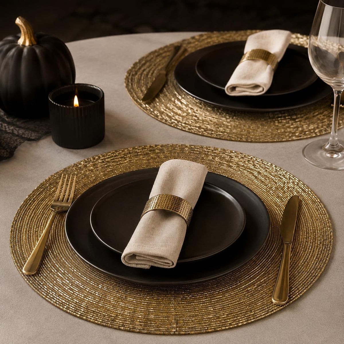 Beaded Round placemate Gold Tonal Charger Placemats, Set of 4 13-Inch Round