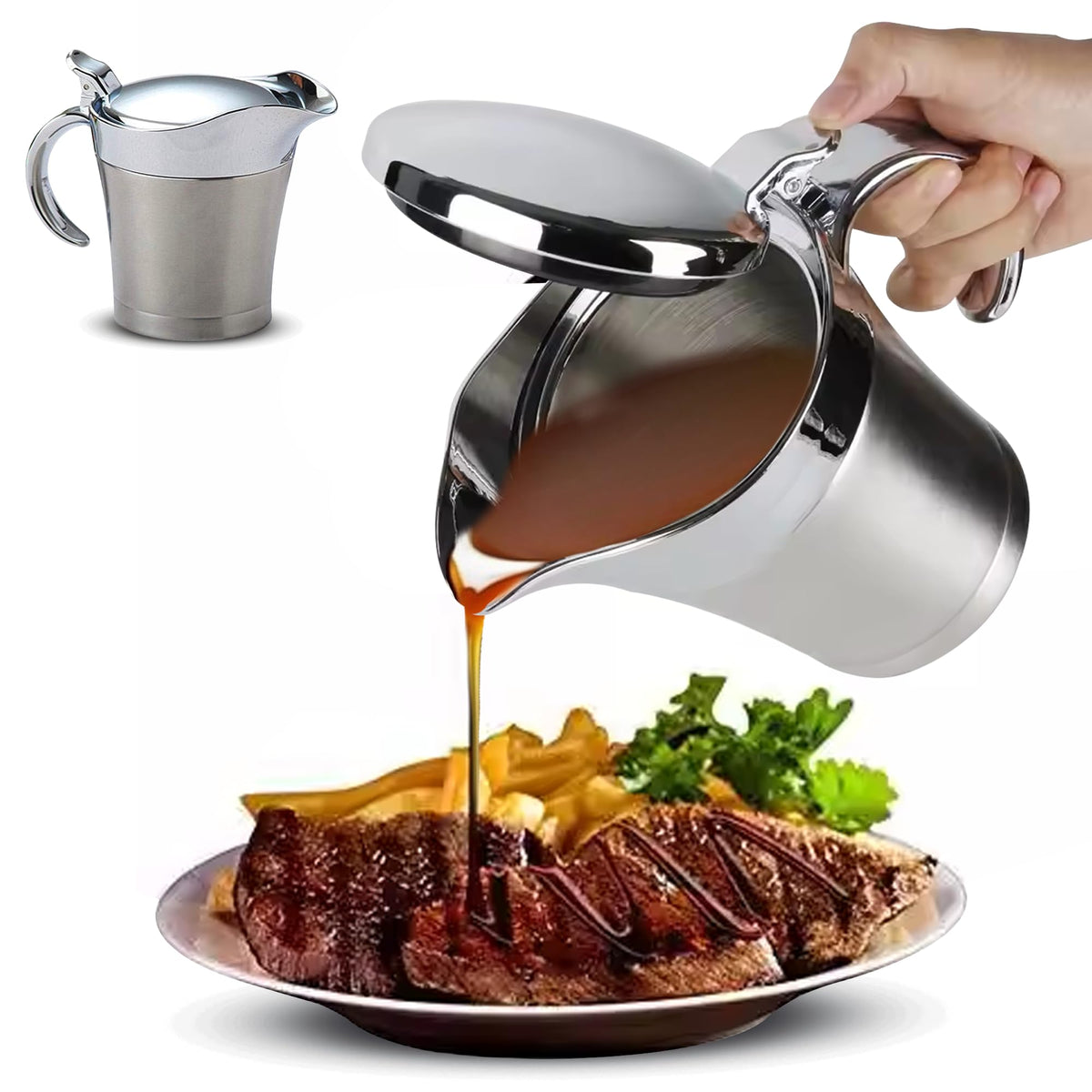 Stainless Steel Gravy Boat with Lid - Double Insulated Gravy Pitcher for Hot & Cold Sauces - Elegant Sauce Boat