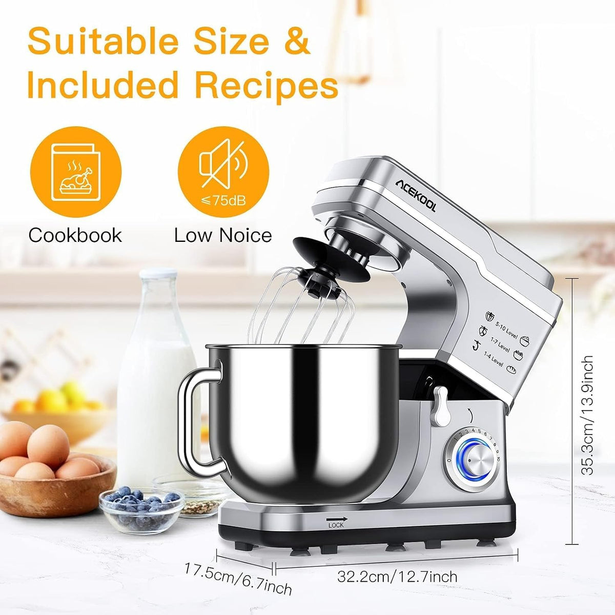 7.5QT Stand Mixer, 660W Kitchen Mixer with 10 Speeds, Silver