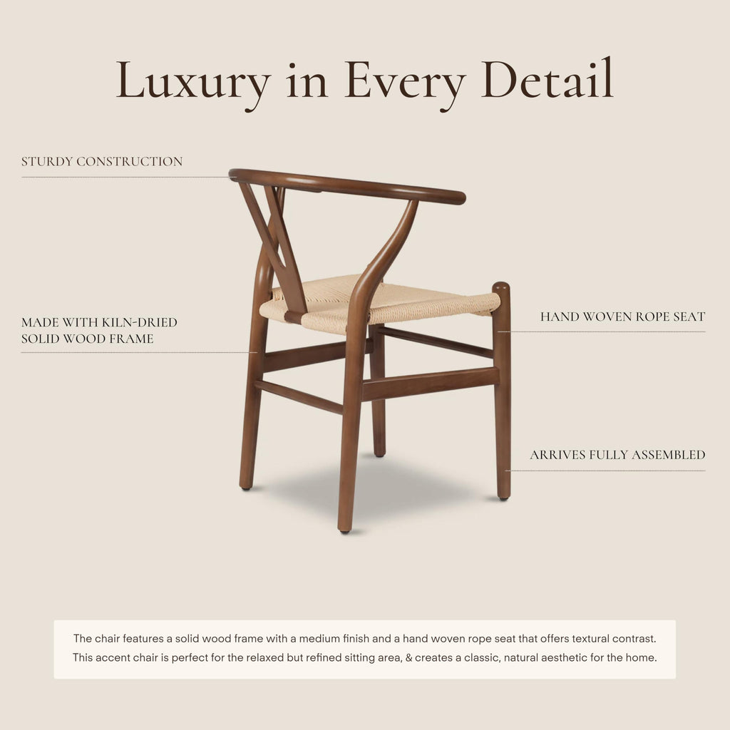 & BARK Weave Dining Chair - Mid-Century Modern Wishbone Dining Chair with Arms, Solid Wood Frame, Indoor Use - Walnut