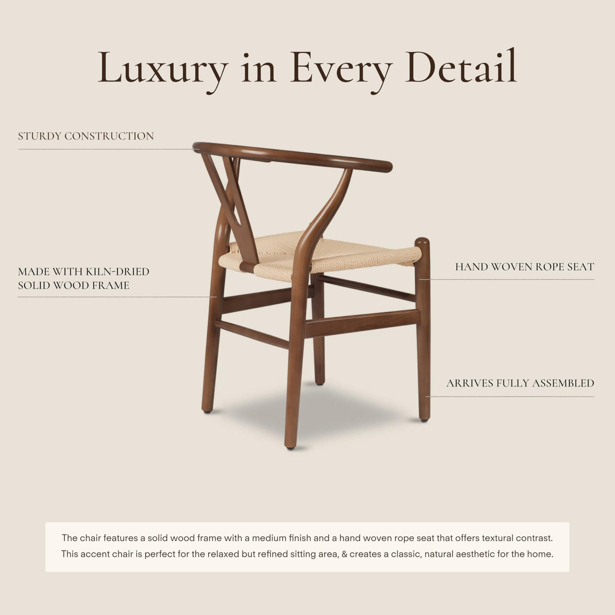& BARK Weave Dining Chair - Mid-Century Modern Wishbone Dining Chair with Arms, Solid Wood Frame, Indoor Use - Walnut