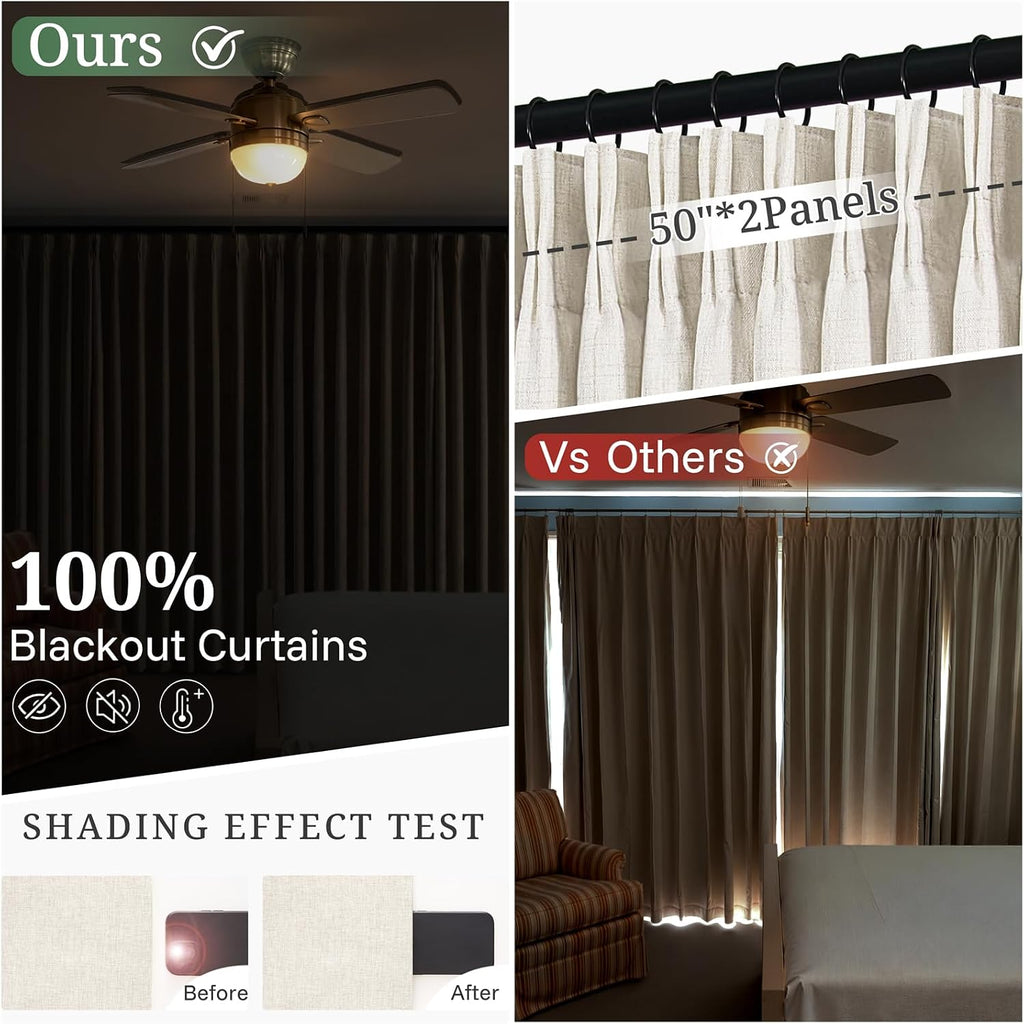 Curtains Blackout Pinch Pleat Linen Drapes for Living/Bedroom 2 Panels, Two Layers Noise Reducing