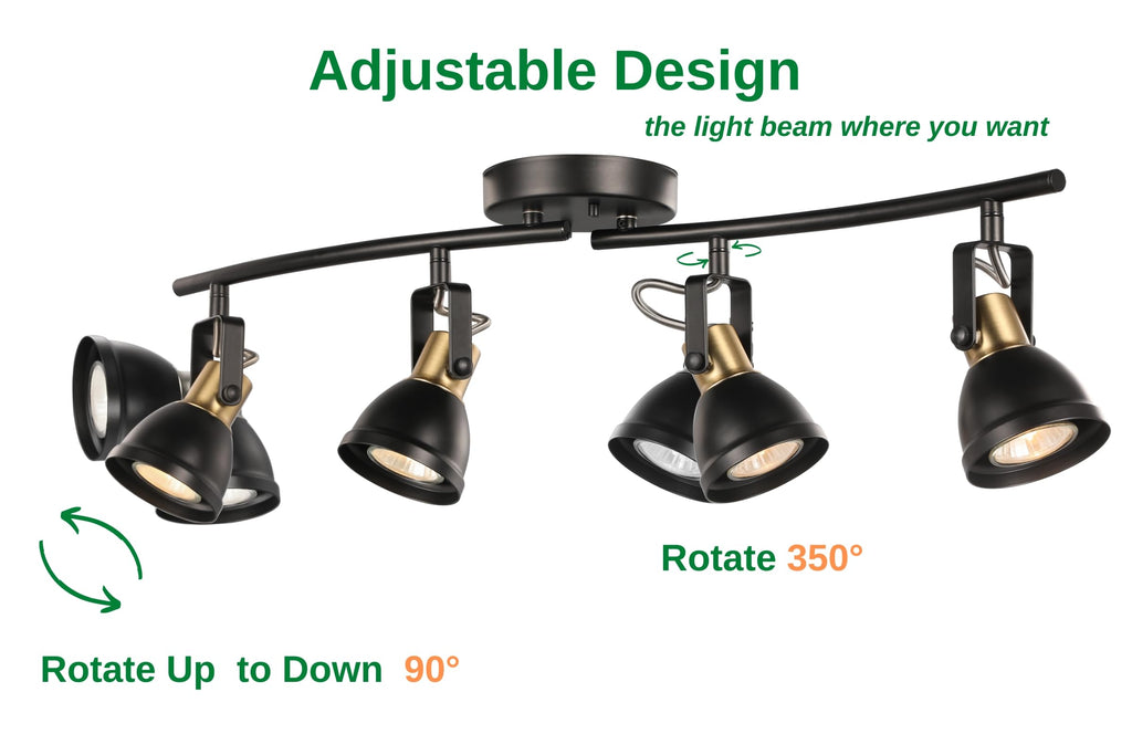 4 Light Track Lighting Kit, Matt Black Brass Finish 4 Way Adjustable with Moden Flush Mount Ceiling Spotlight