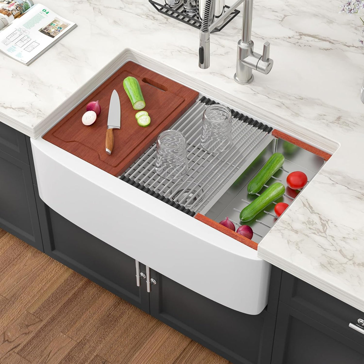 33 Inch White Farmhouse Sink Workstation - White Curved Apron Front Fireclay Farm Sink Large Deep Ceramic Single Bowl