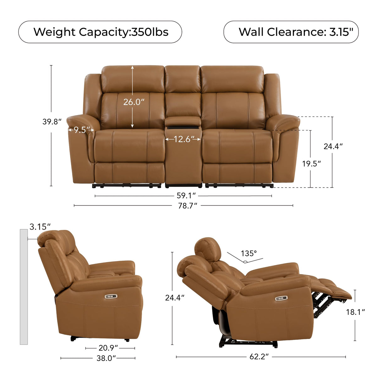 Leather Power Recliner Sofa, Saddle, Loveseat with Console