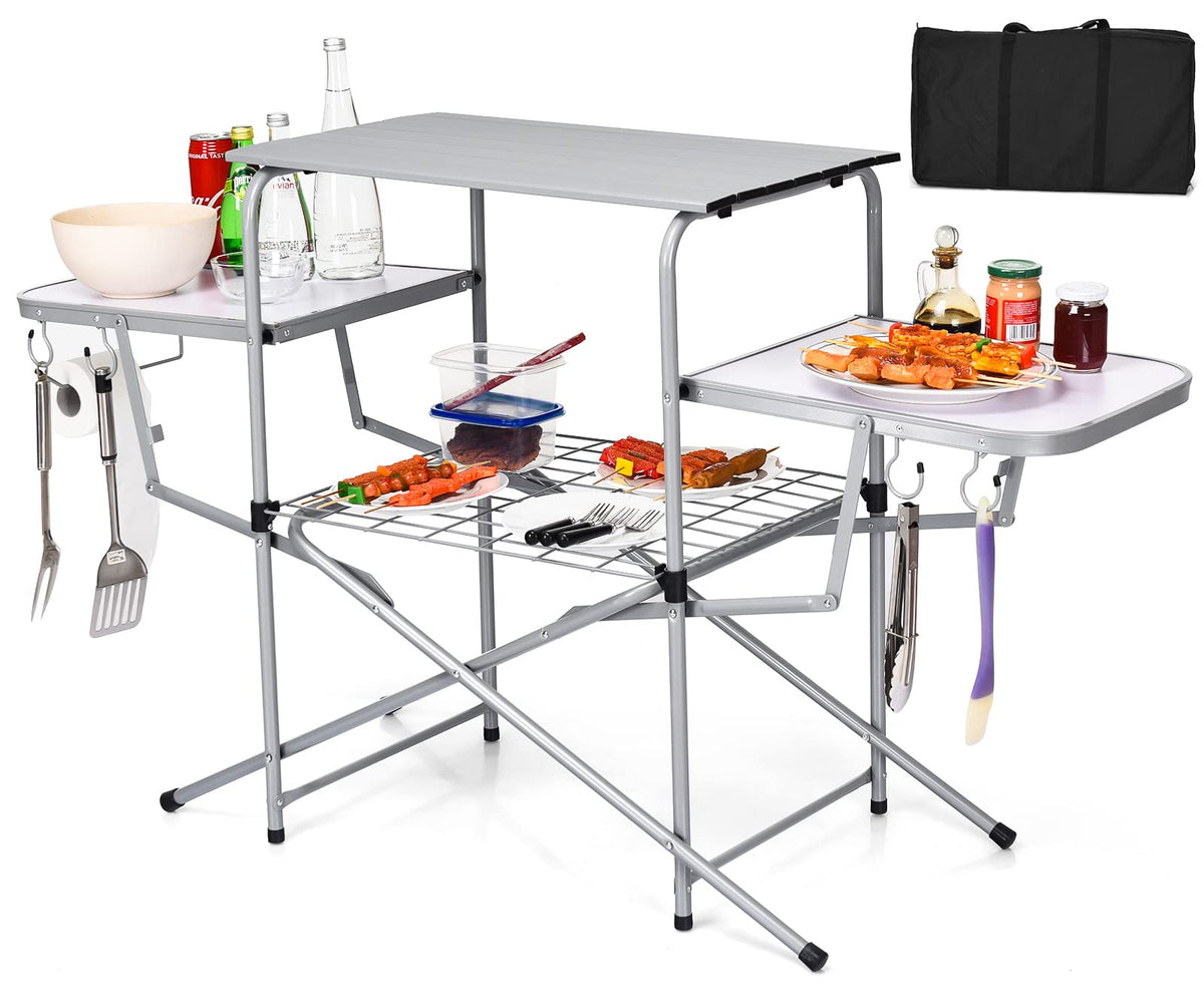 Folding Grill Table with 26'' Main Tabletop, Portable Aluminum Camping Table, Carrying Bag, Quick Set-up, Outdoor
