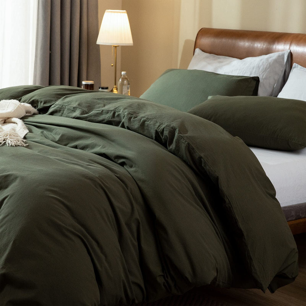 Dark Green Duvet Cover, 100% Washed Cotton Linen Like Textured Green Bedding Set, 1 Duvet Cover with 2